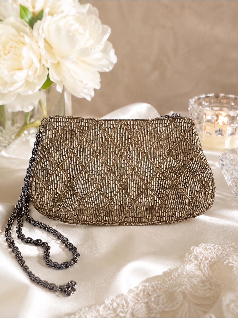 La Regale Hand Beaded Gold Evening Bag Clutch Crossbody Wedding Cocktail Prom